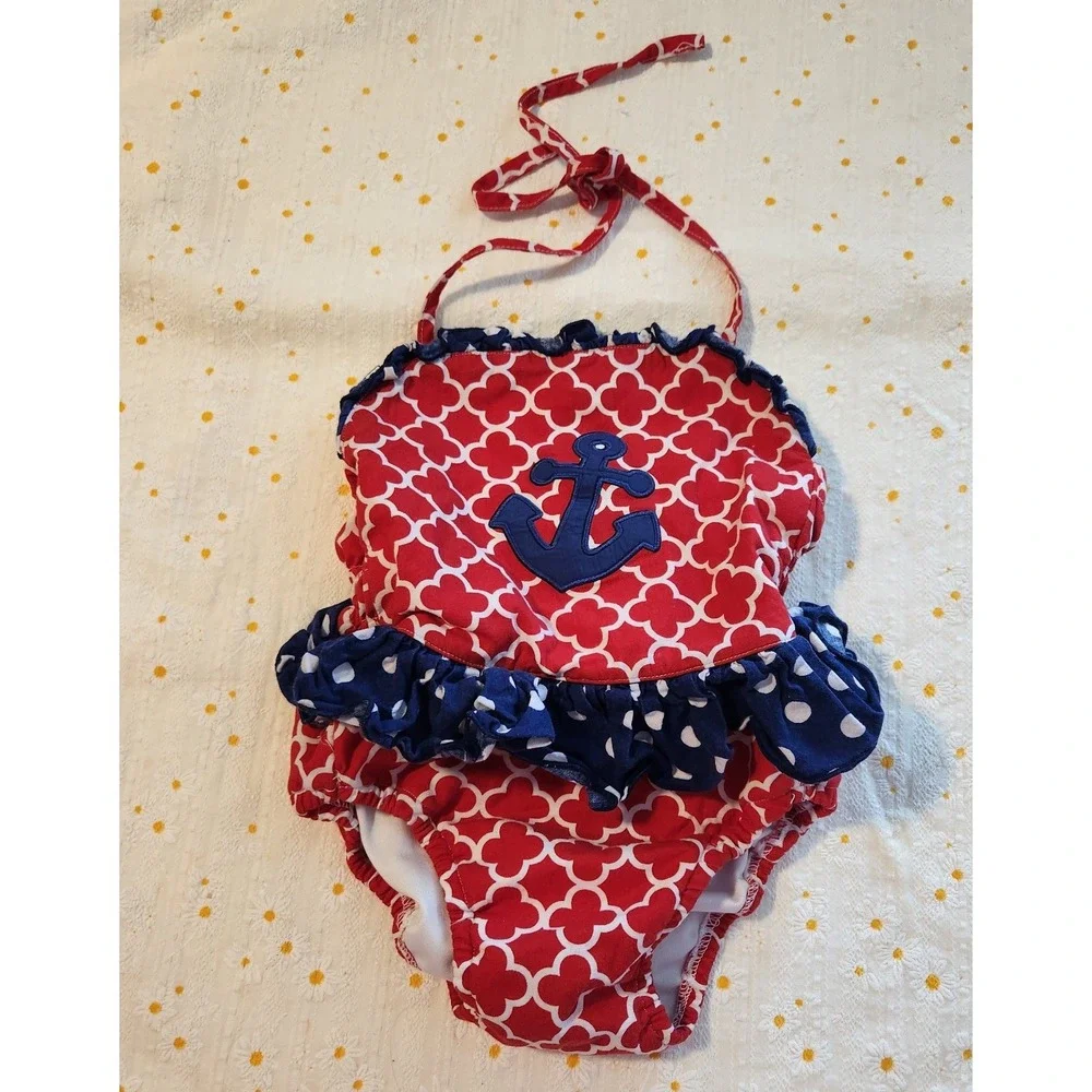 Red White Quatrefoil Anchor One Piece Swimsuit Girls 2T Nautical‎ Ruffle Halter